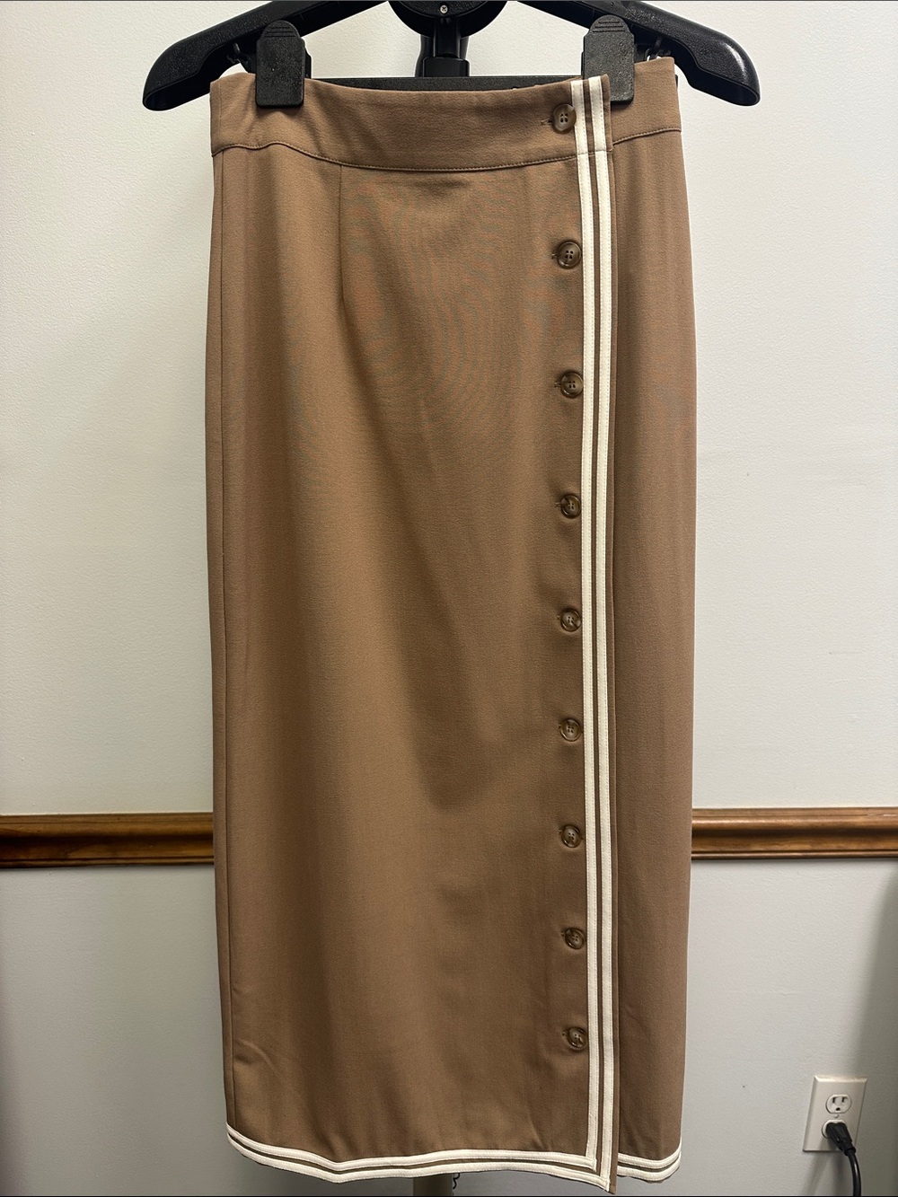 Striped-Trim Maxi Skirt in Tan